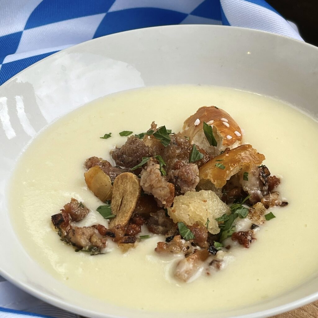 creamy potato soup with pretzel crumble