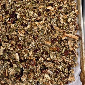 Homemade granola on a baking sheet