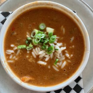 bowl of soup turkey gumbo with rice