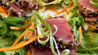 seared tuna on lettuce
