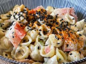 Jody's Best Crab Pasta Salad; bowl of crab pasta salad