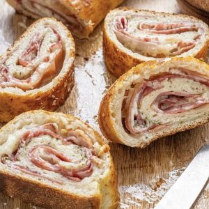 Stromboli; sliced on a cutting board