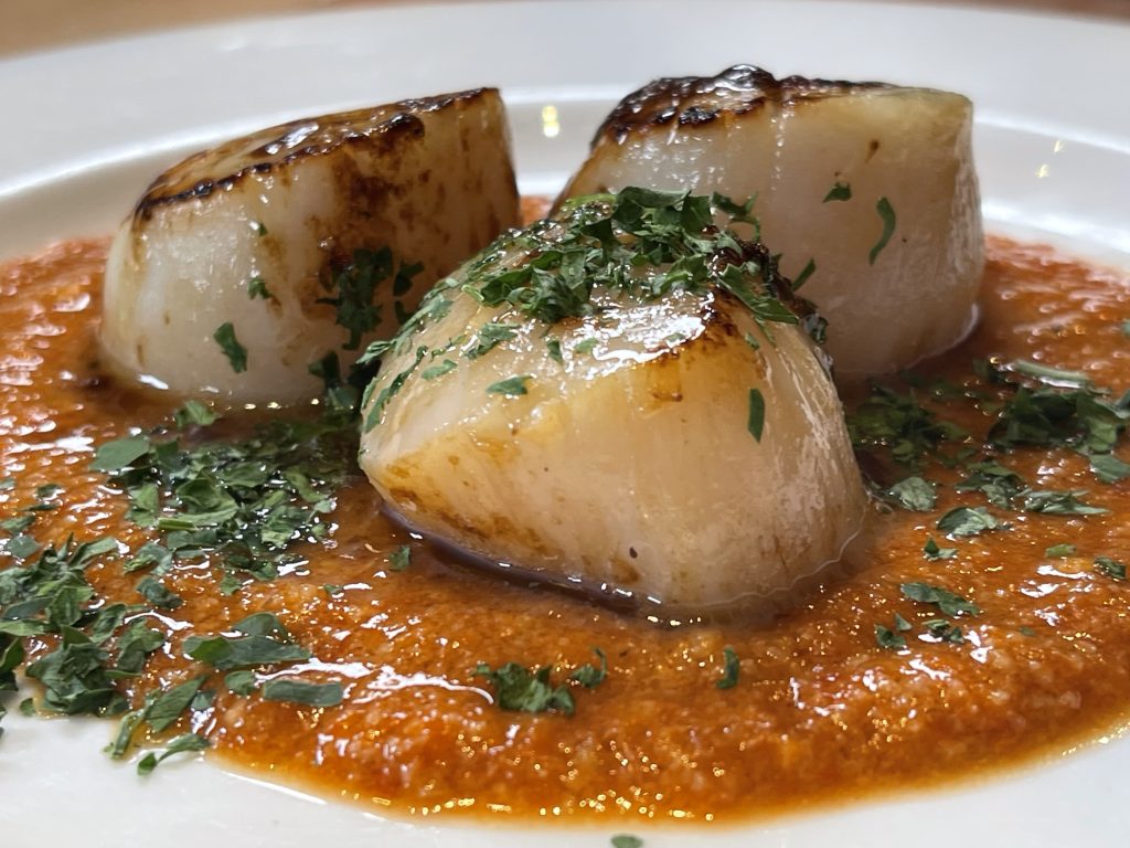 plate of pan-seared scallops with romesco sauce
