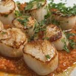 plate of pan-seared scallops with romesco sauce
