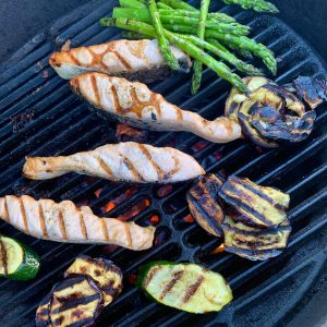 how to grill vegetables, grilled asparagus, grilled eggplant, grilled salmon
