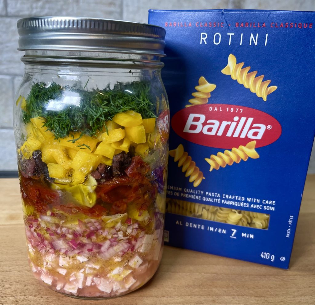 best pasta salad, prep work in a jar, box of pasta ready to cook